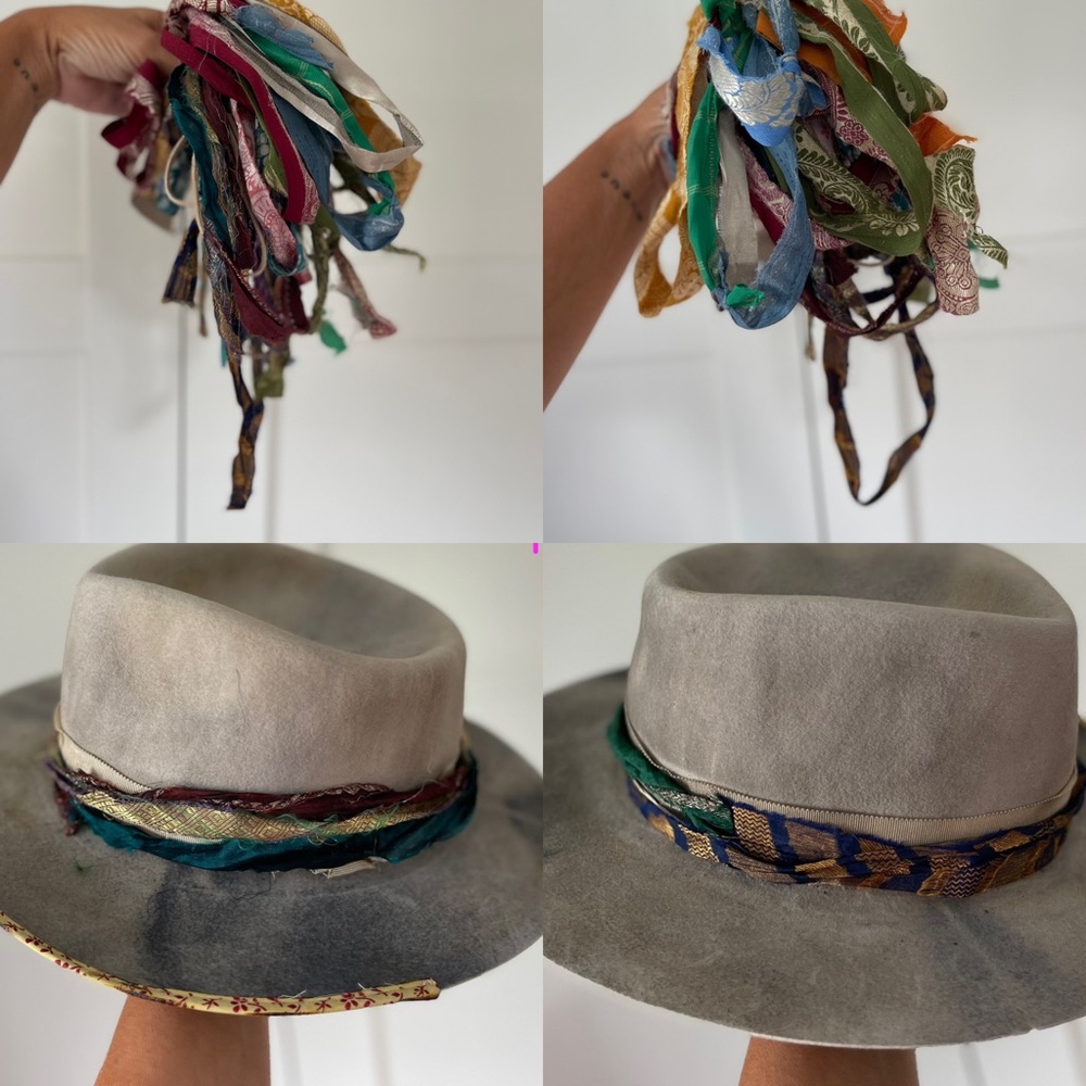 Hat band ribbon puggaree Border Recycled sari Silk each unique swag + 1 suede